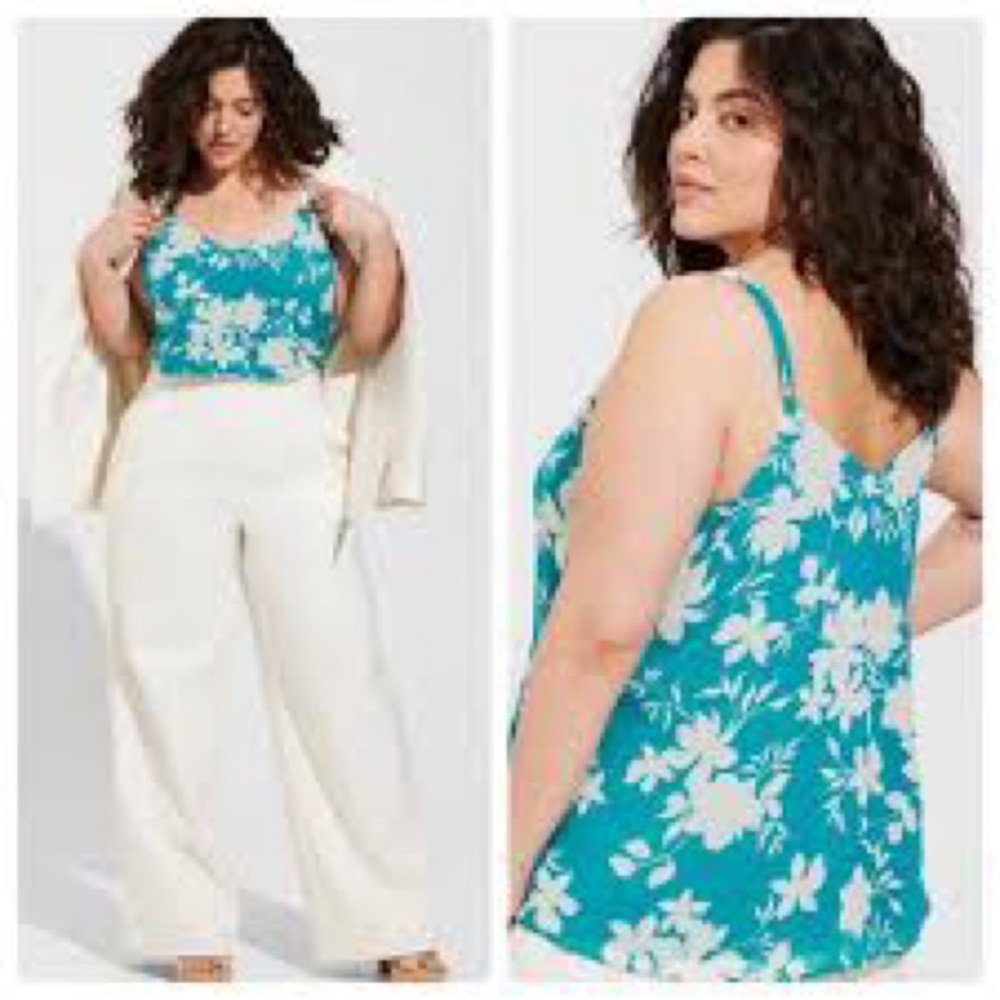 Torrid Sophie Swing Teal White Floral Lined Chiffon Cotttagecore Camisole 3519